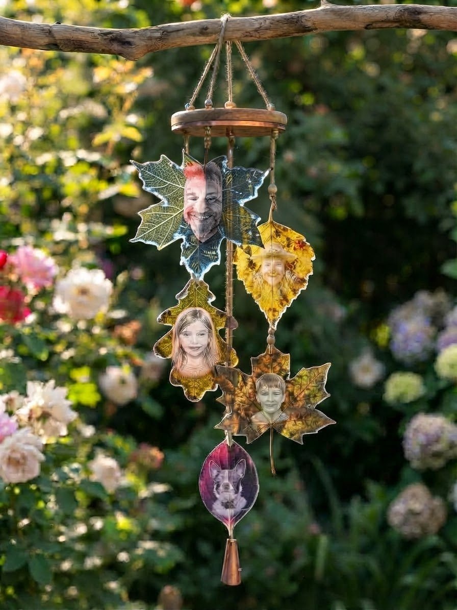 Wind chime of leaves engraved with family photos