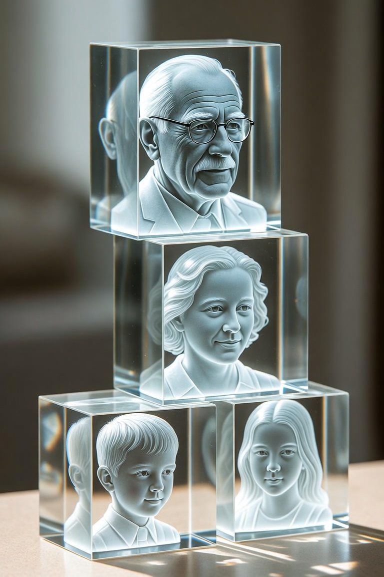 Stack of clear crystal cubes, each with a family member's portrait engraved inside